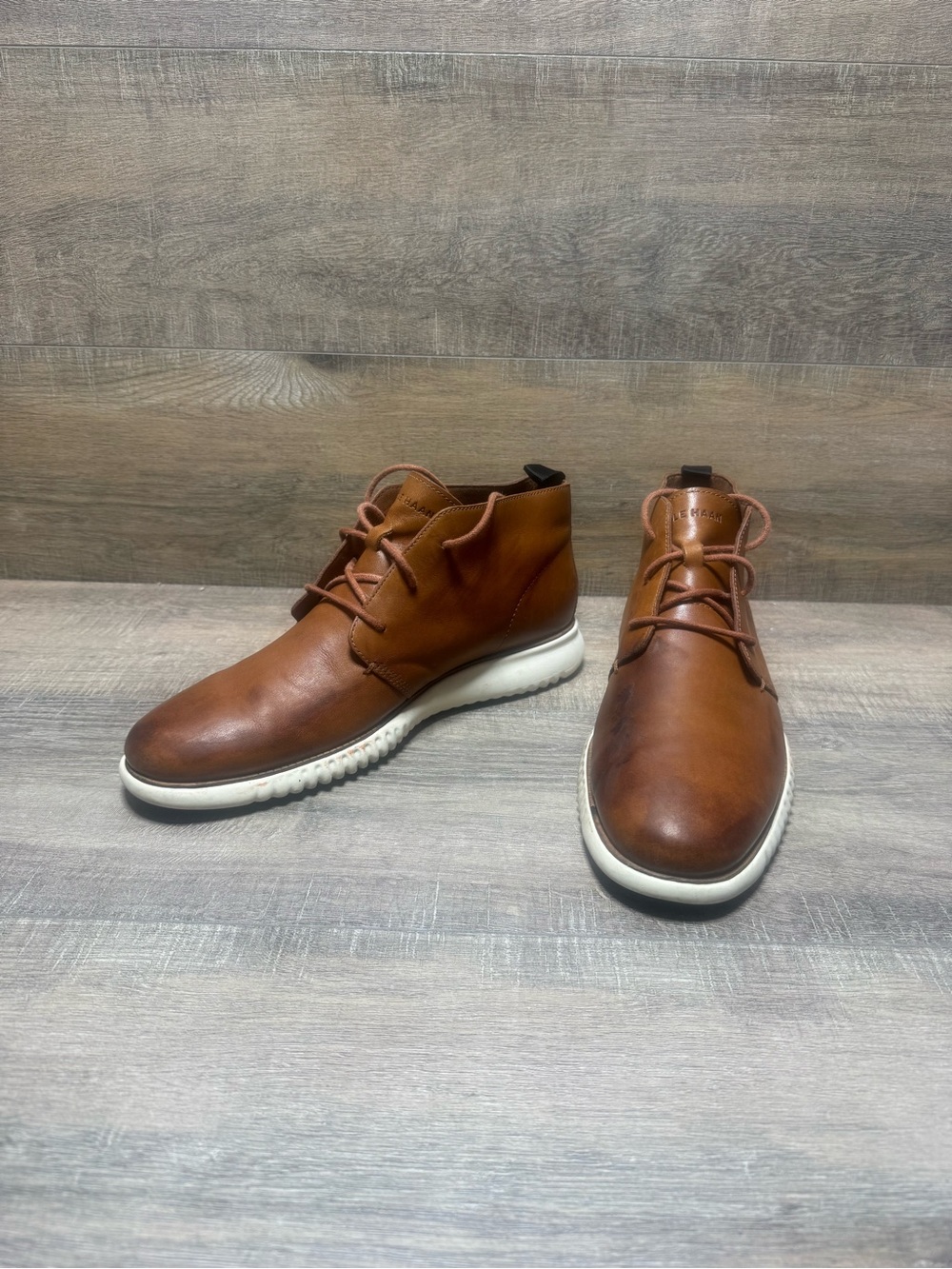Cole Haan Tan Brown Leather Chukka Boots with White Sole